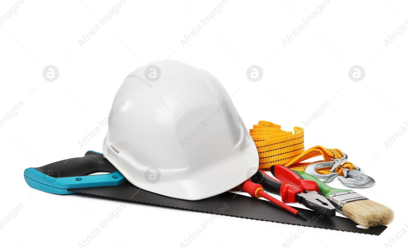 Photo of Composition with different construction tools isolated on white