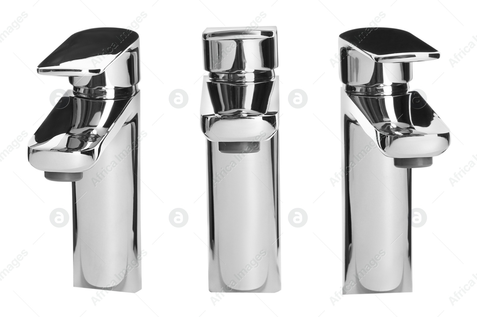 Image of Set with new water faucets on white background