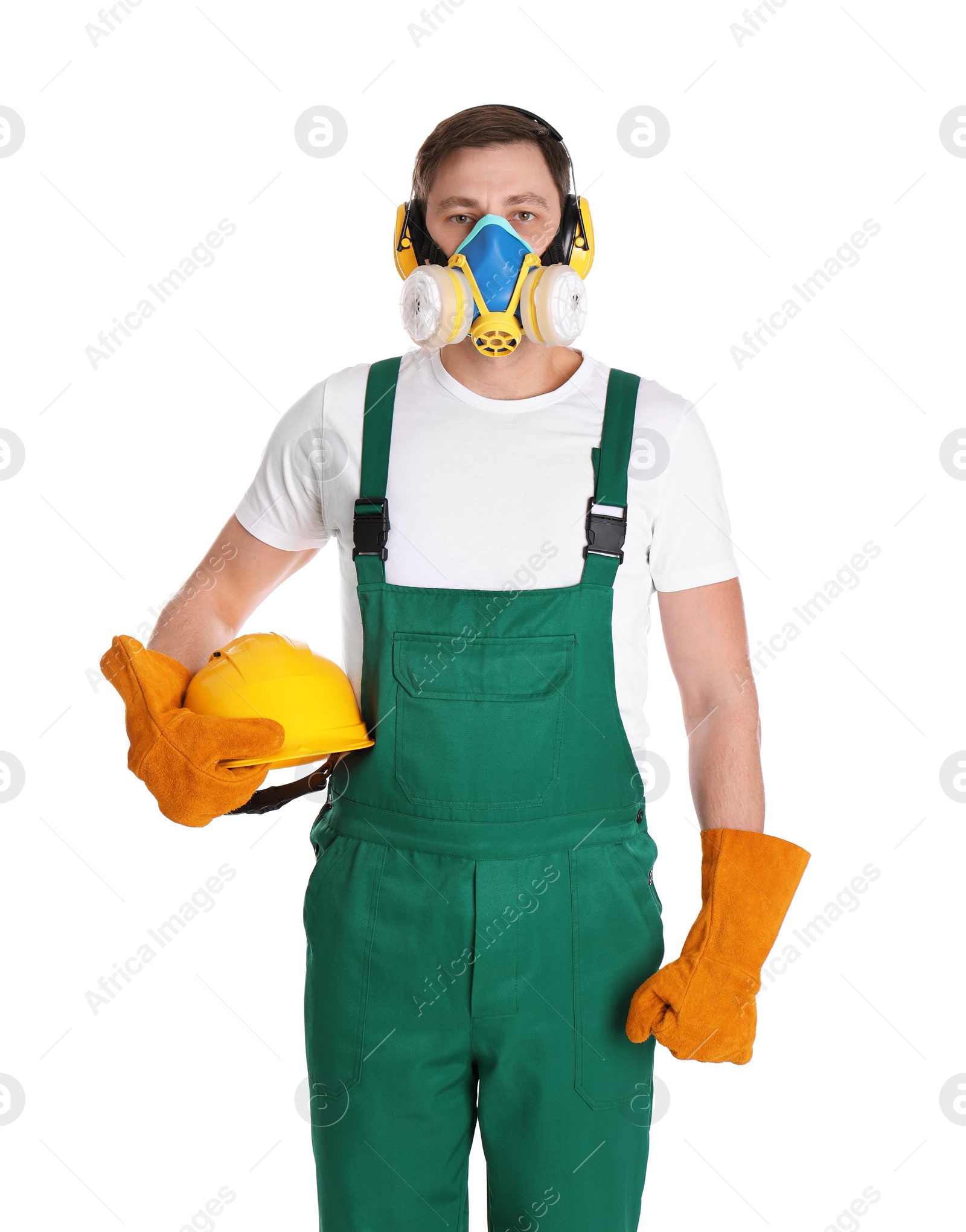 Photo of Male industrial worker in uniform on white background. Safety equipment