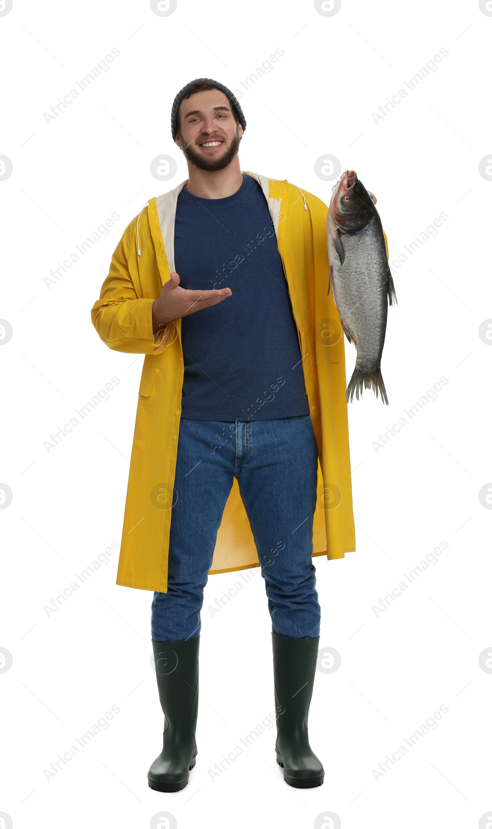 Photo of Fisherman with caught fish isolated on white