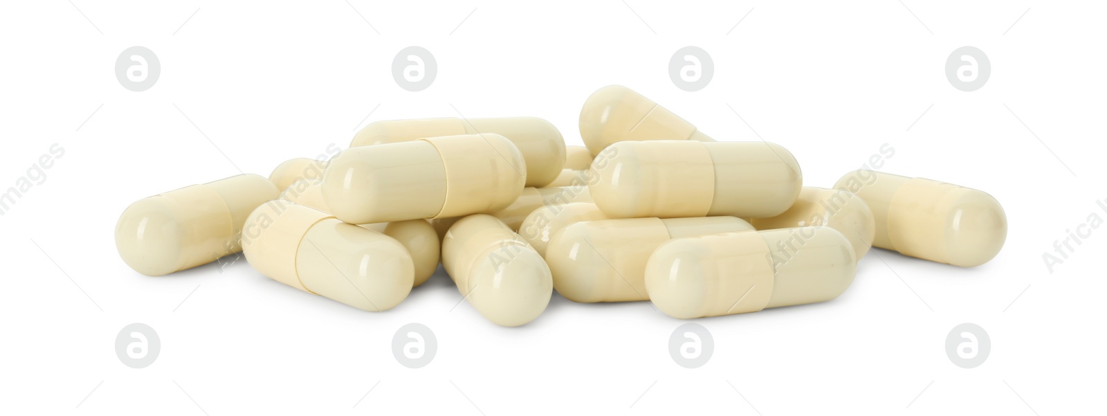 Photo of Vitamin capsules isolated on white. Health supplement