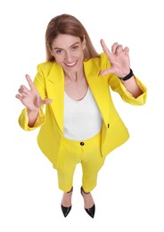 Photo of Beautiful happy businesswoman gesturing on white background, above view