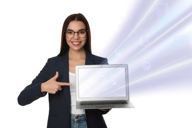 Speed internet. Young woman pointing at modern laptop on white background. Motion blur effect symbolizing fast connection
