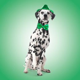 Image of St. Patrick's day celebration. Cute Dalmatian dog with hat and bow tie on green background