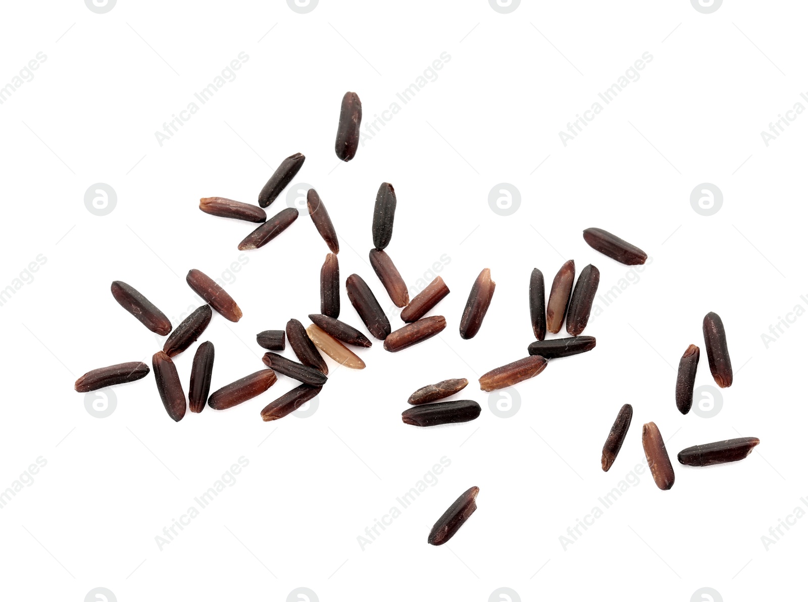 Photo of Uncooked black rice on white background, top view