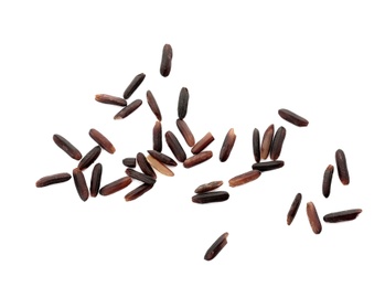 Photo of Uncooked black rice on white background, top view