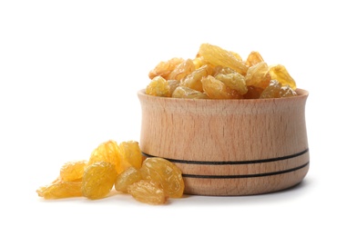 Bowl with raisins on white background. Healthy dried fruit