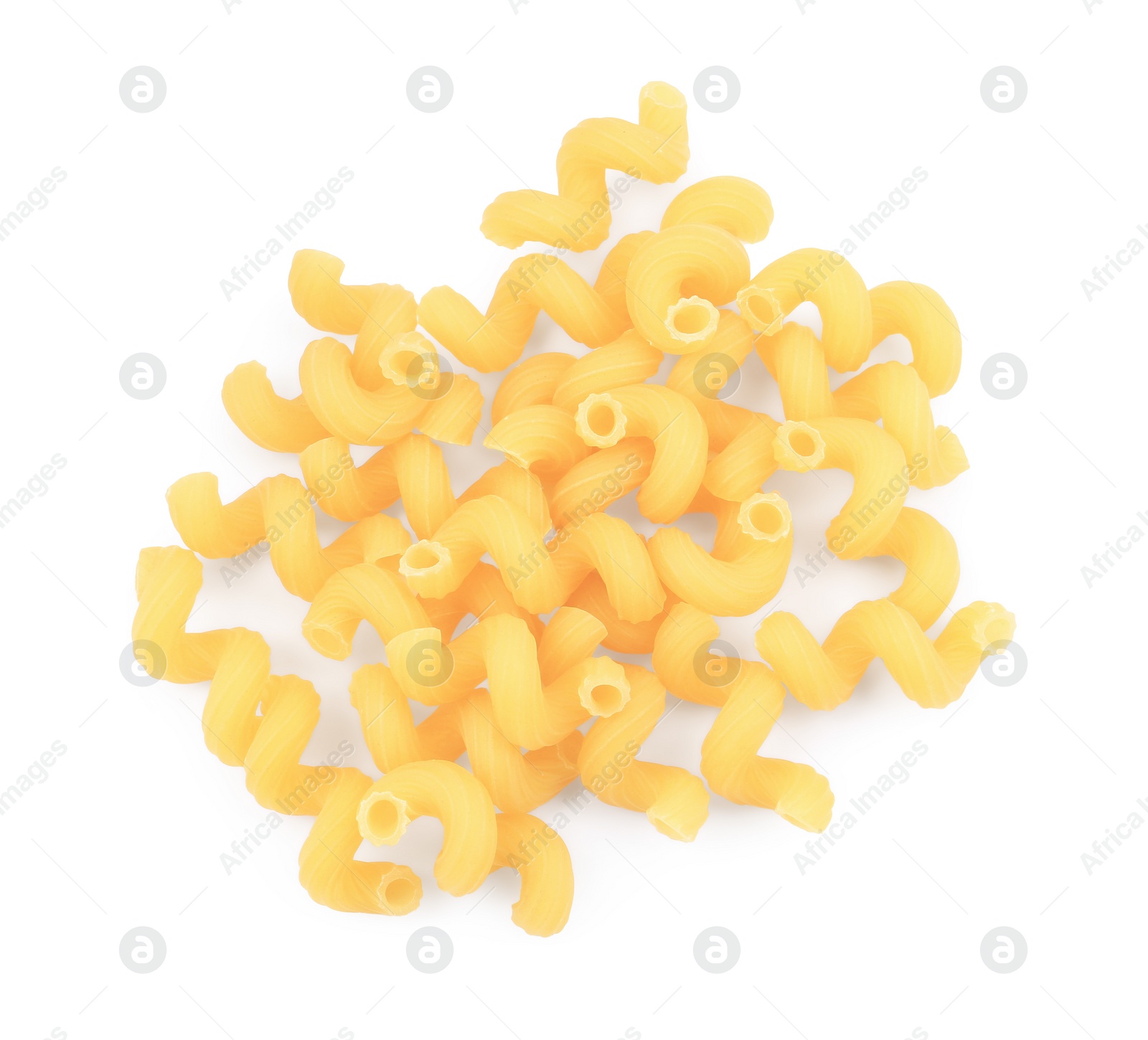 Photo of Pile of raw cavatappi pasta isolated on white, top view