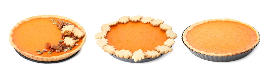 Set of tasty pumpkin pies on white background, banner design 