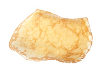 Hot tasty thin pancake on white background