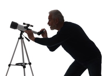 Senior astronomer with telescope on white background