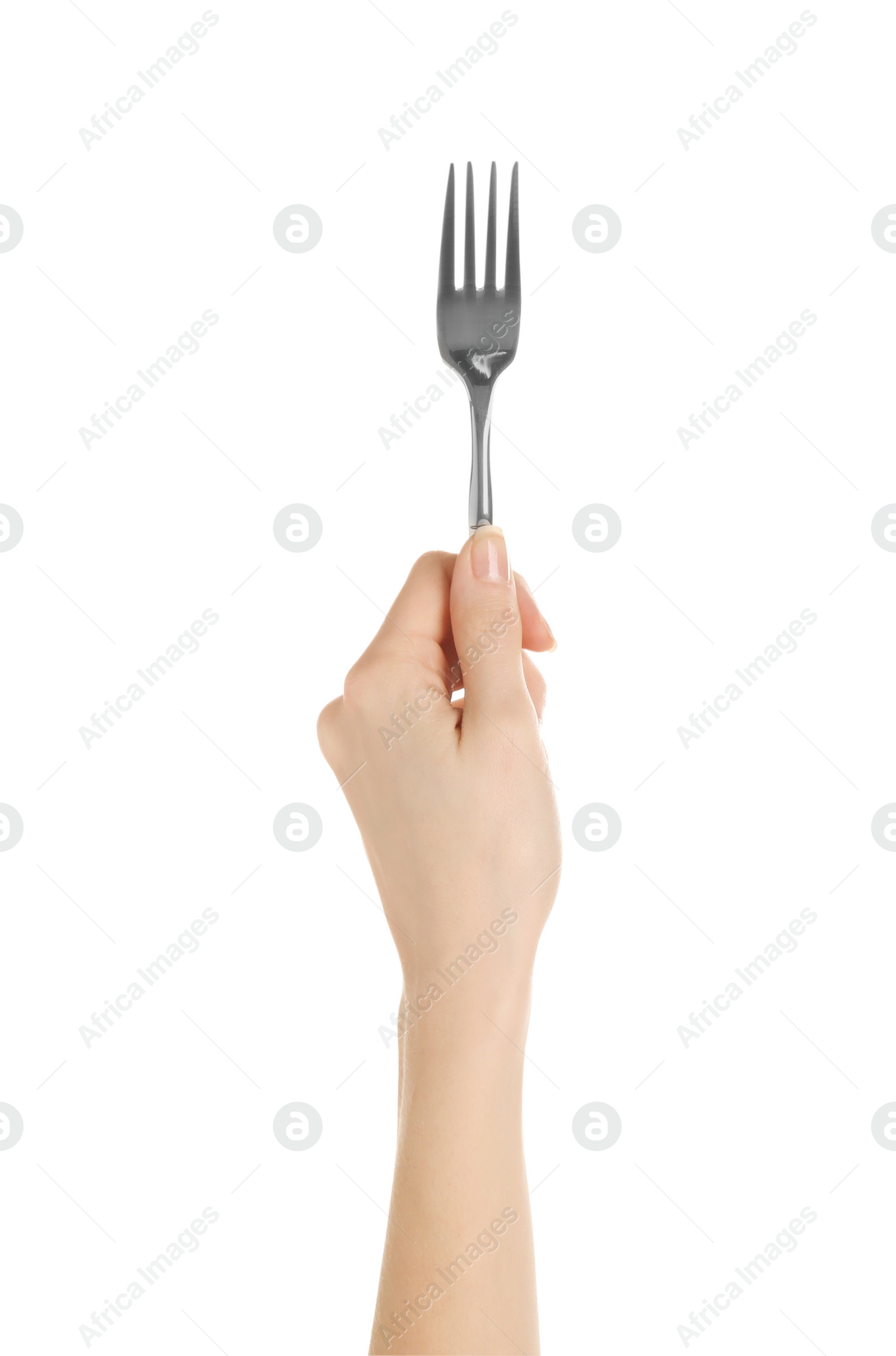 Photo of Woman holding clean fork on white background, closeup