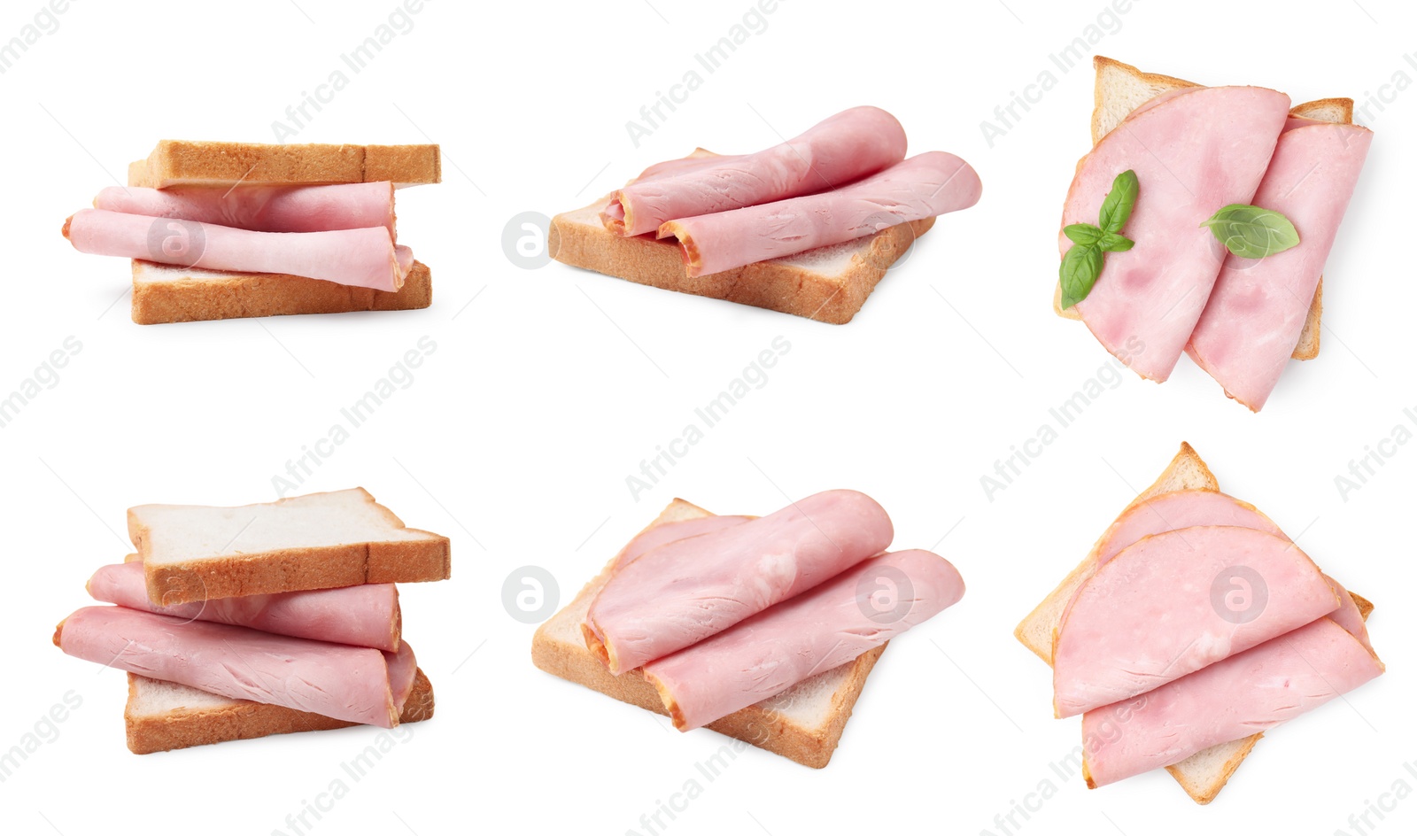 Image of Tasty sandwiches with ham isolated on white, different sides