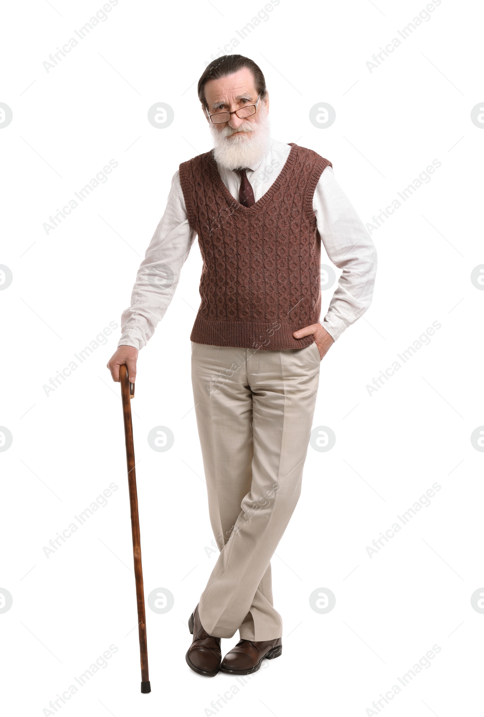 Photo of Senior man with walking cane on white background