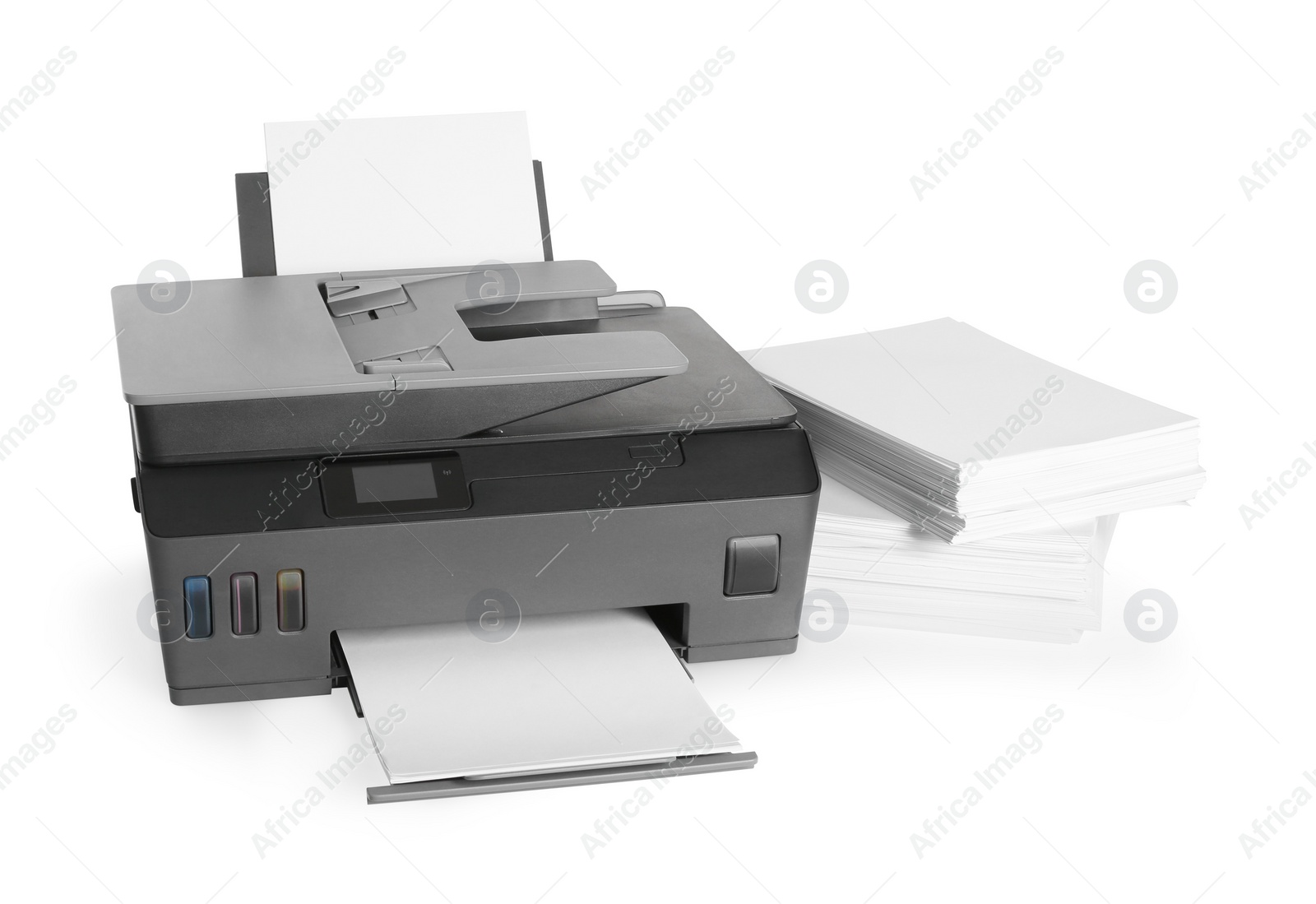 Photo of Modern printer and stack of paper on white background