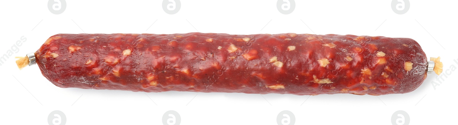 Photo of Whole delicious smoked sausage isolated on white, top view