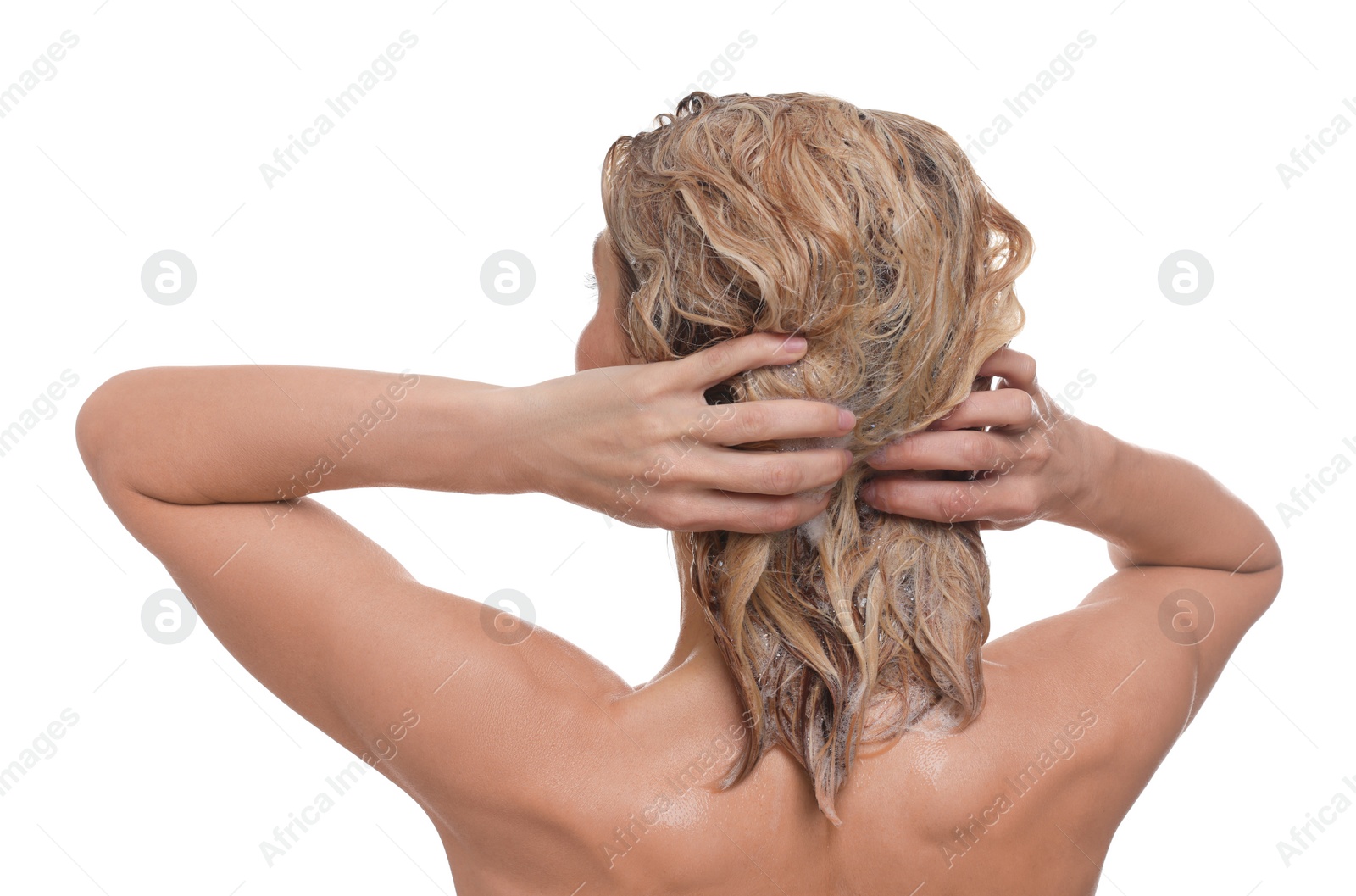 Photo of Woman washing hair on white background, back view