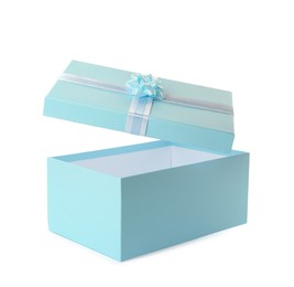 Photo of Light blue gift box and lid with bow on white background