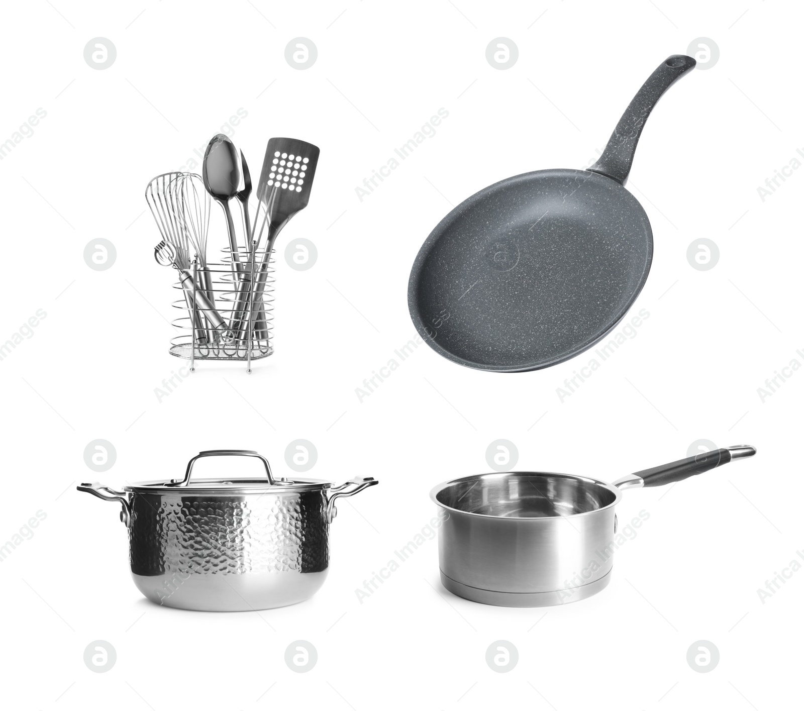 Image of Set with pan, cookware and kitchen utensils on white background