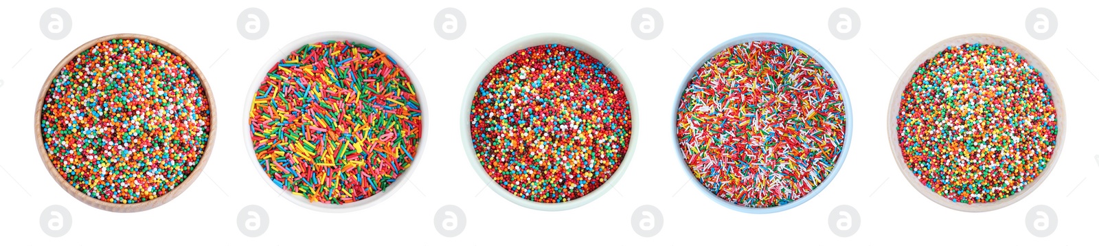 Image of Set with colorful sprinkles on white background, banner design. Confectionery decor