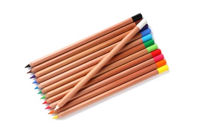 Many colorful pastel pencils isolated on white, top view. Drawing supplies