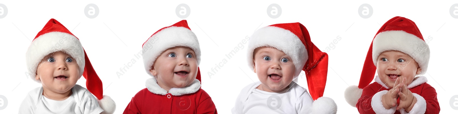 Image of Collage with photos of cute baby on white background, banner design. First Christmas 