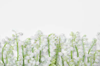 Photo of Beautiful lily of the valley flowers on white background, flat lay. Space for text