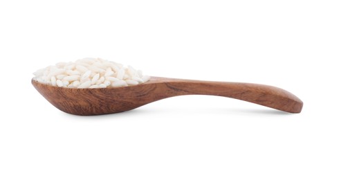 Photo of Spoon with raw rice isolated on white