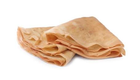 Photo of Two delicious folded crepes on white background