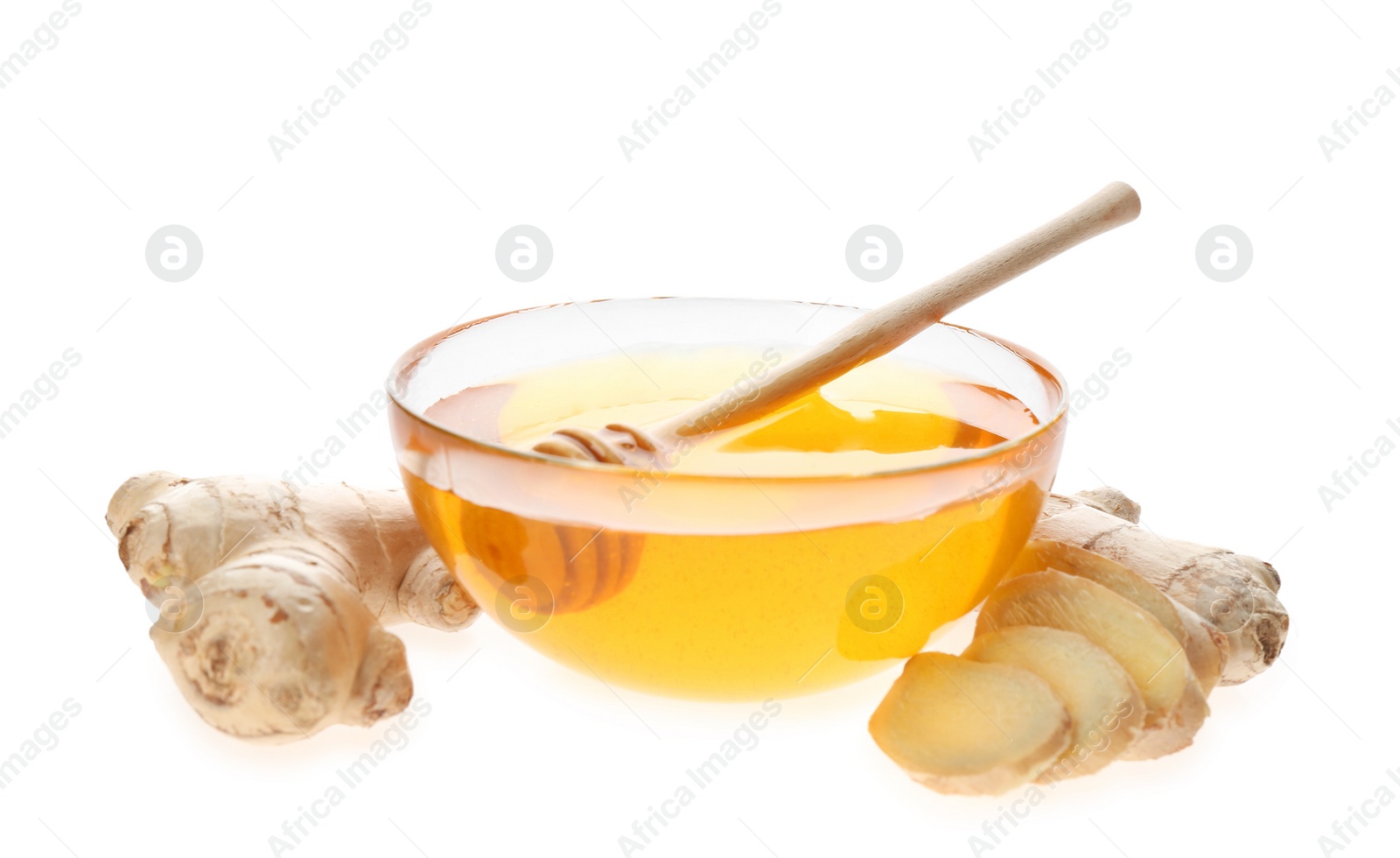 Photo of Ginger and honey on white background. Natural cold remedies