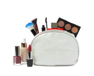 Stylish cosmetic bag and makeup products on white background