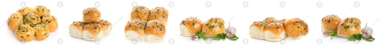 Image of Traditional Ukrainian buns (Pampushky) on white background, collage. Banner design 