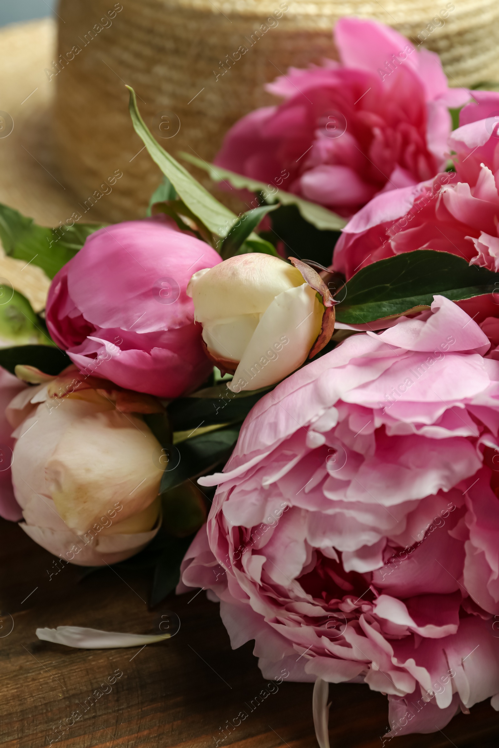 Photo of Beautiful fragrant peonies on wooden table, closeup