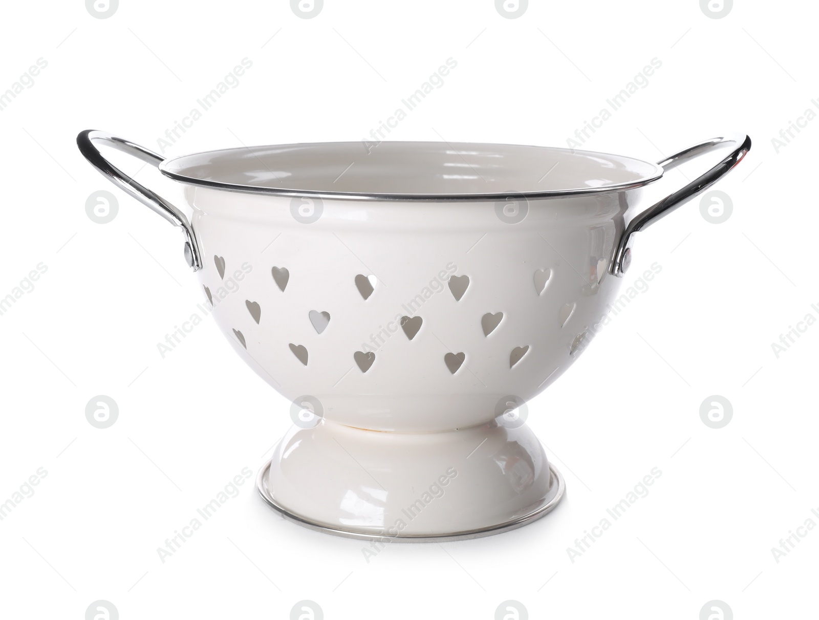 Photo of Empty colander isolated on white. Kitchen cookware