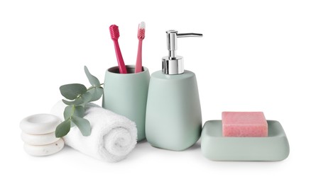 Bath accessories. Different personal care products and eucalyptus branch isolated on white