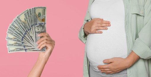 Surrogacy. Intended mother with money and pregnant woman on pink background, banner design
