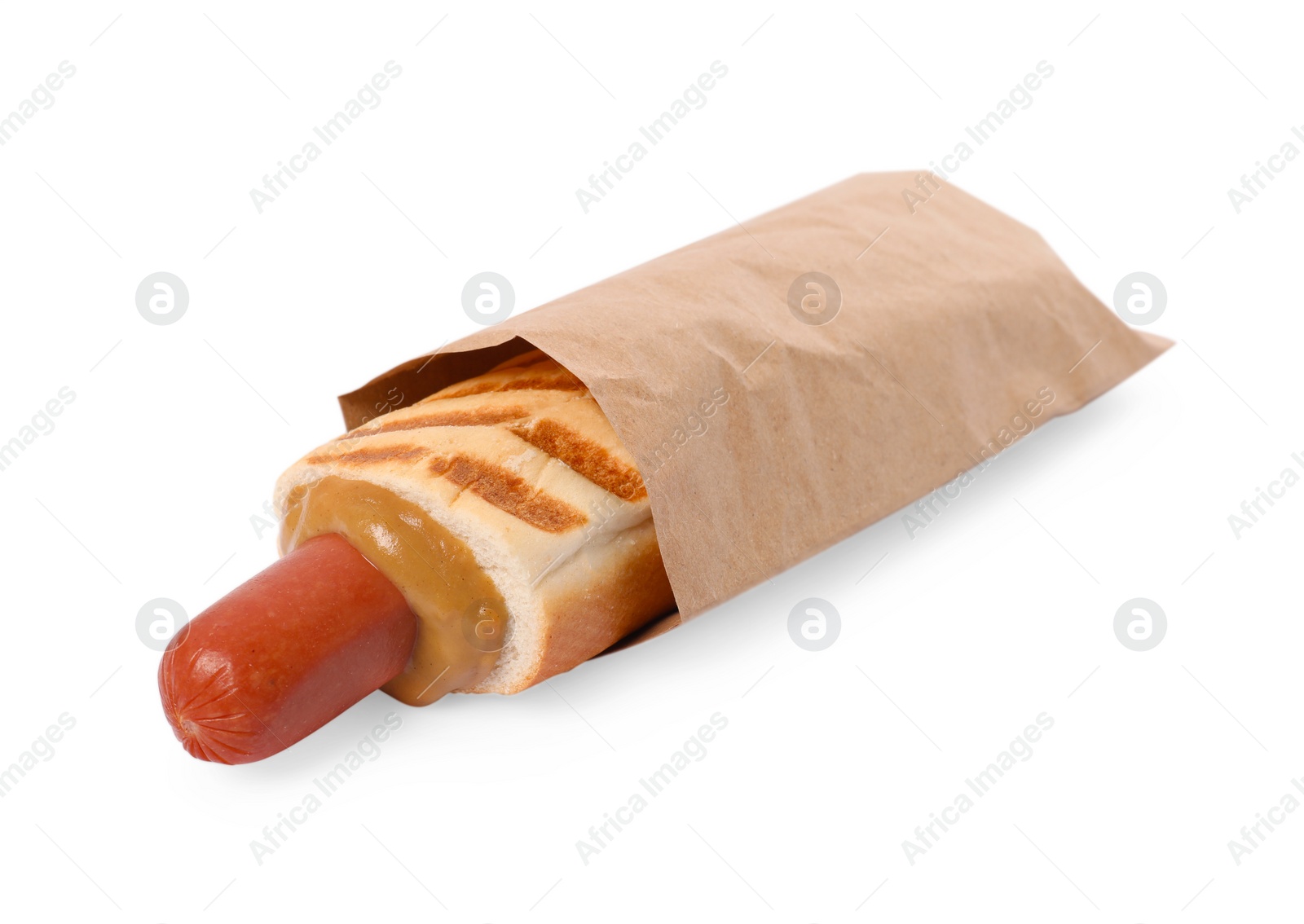 Photo of Tasty french hot dog with mustard isolated on white