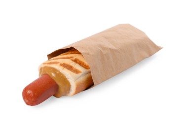 Photo of Tasty french hot dog with mustard isolated on white
