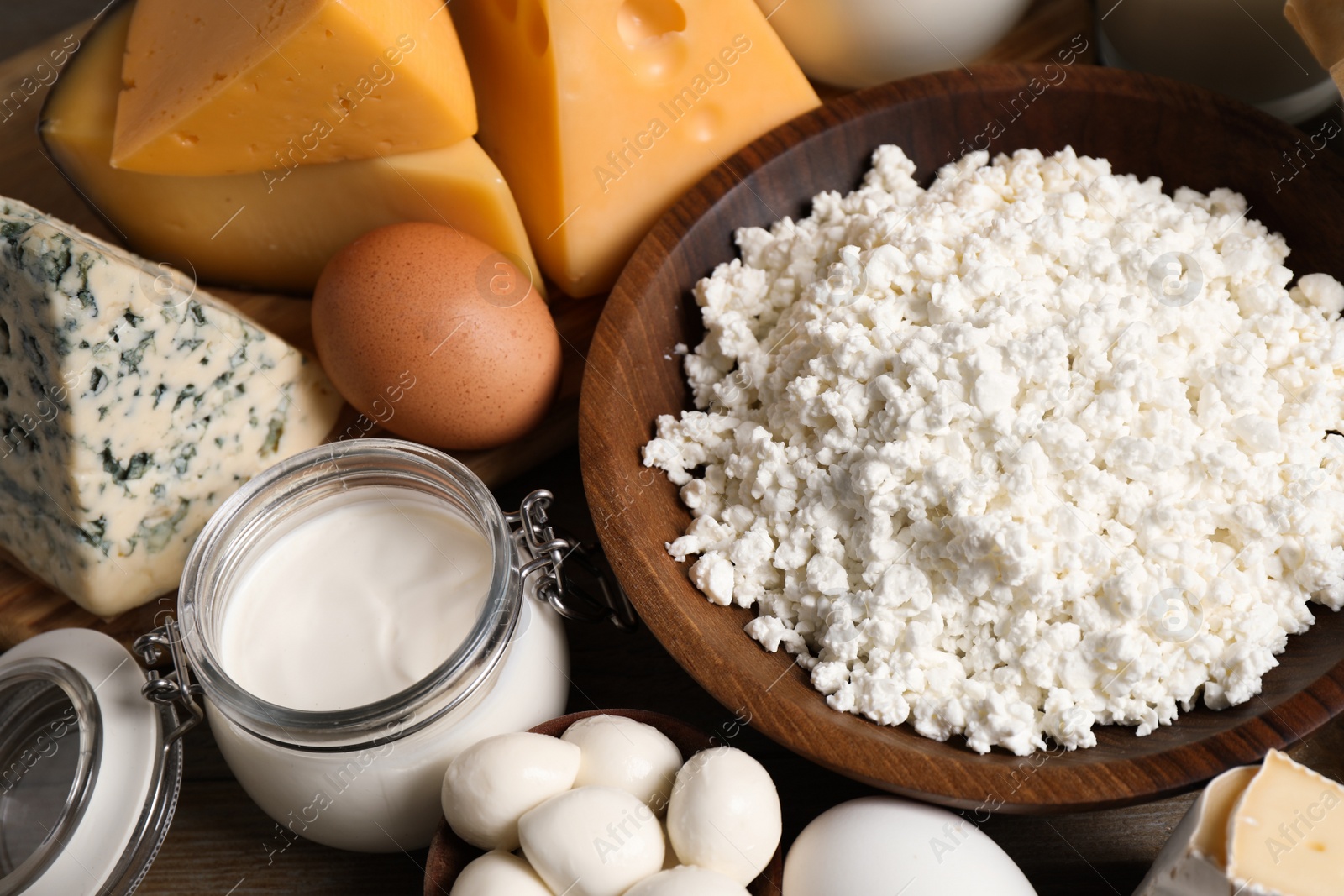 Photo of Different delicious dairy products on table, closeup