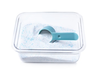 Plastic container with laundry powder and measuring spoon isolated on white