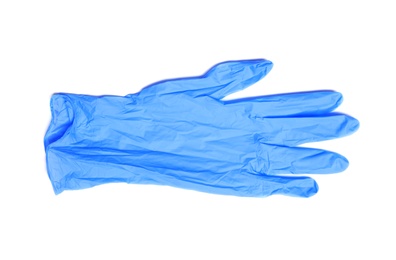 Photo of Medical glove on white background, top view