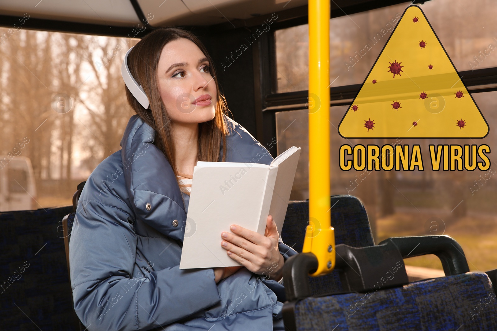 Image of Woman keeping distance in trolleybus. Coronavirus outbreak 