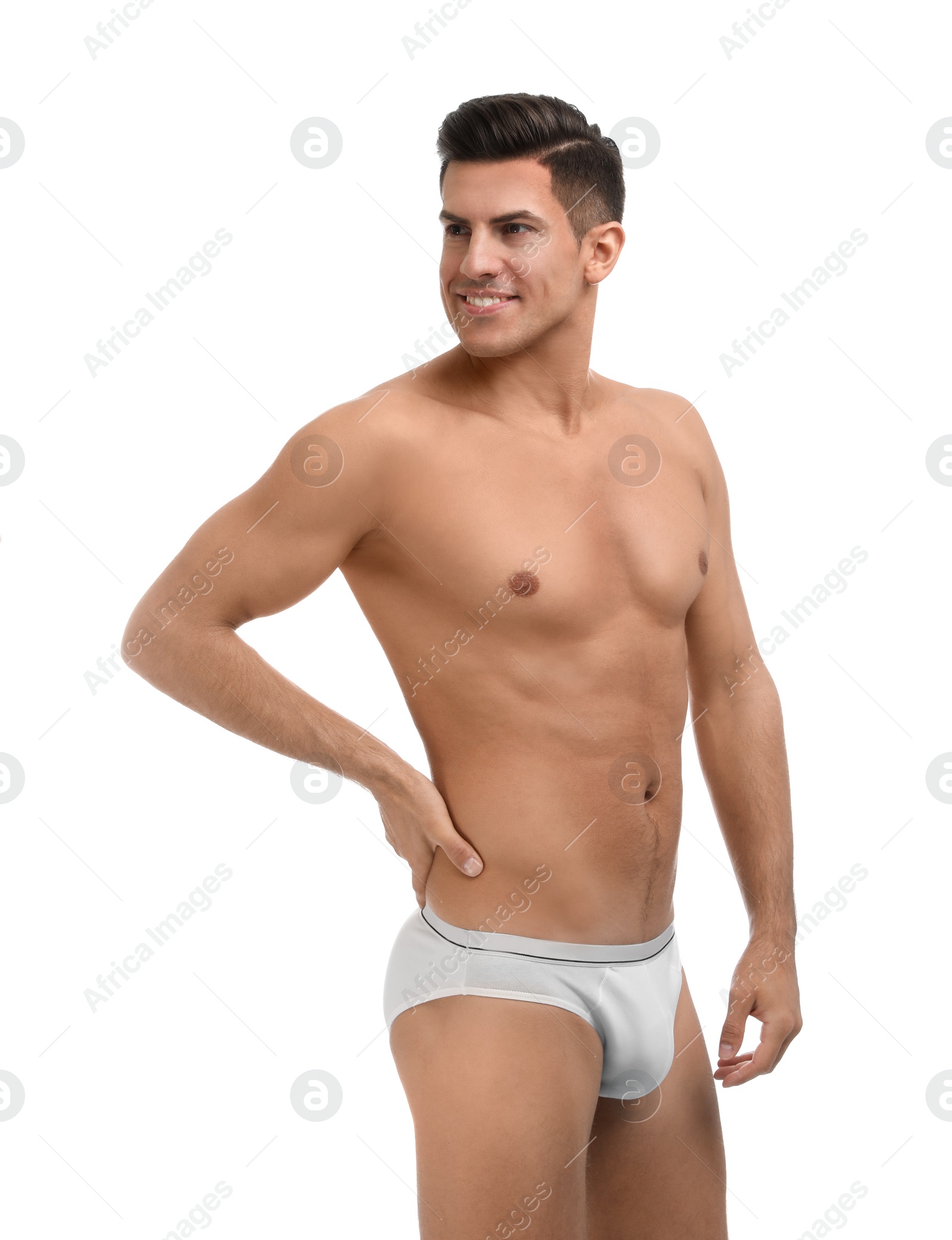 Photo of Handsome man in underwear on white background