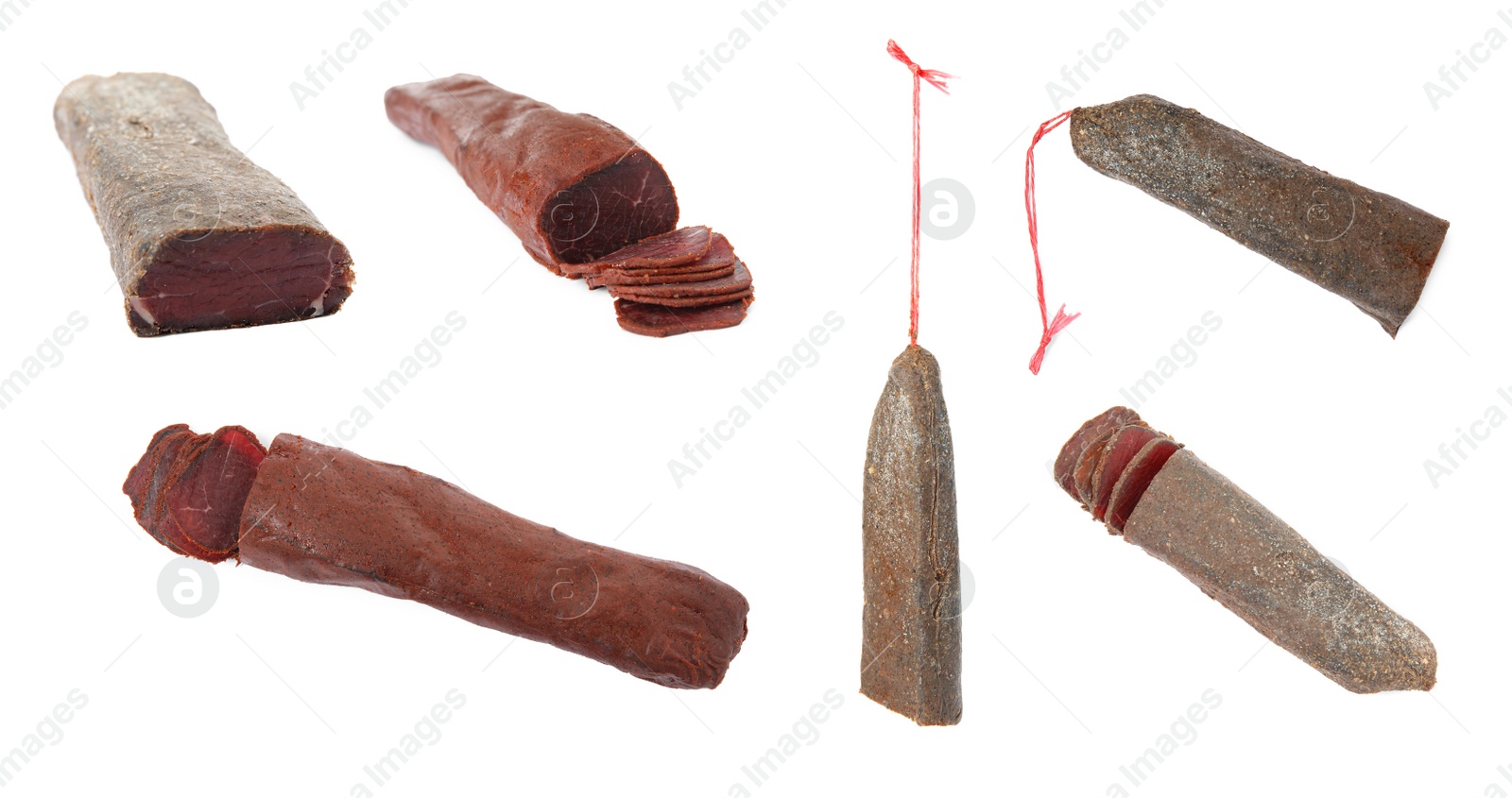 Image of Set with delicious dry-cured basturma on white background