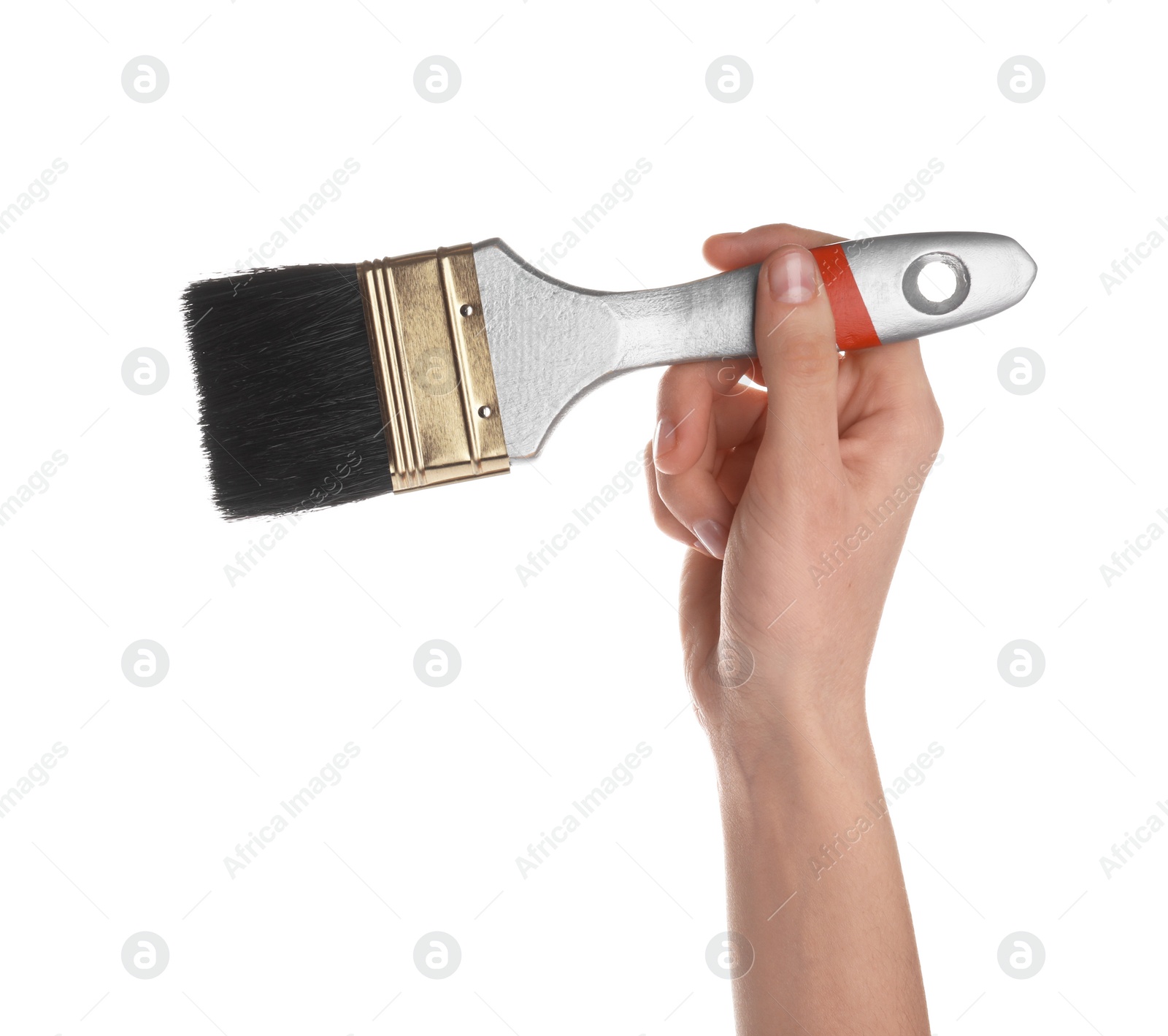 Photo of Woman holding paint brush on white background, closeup