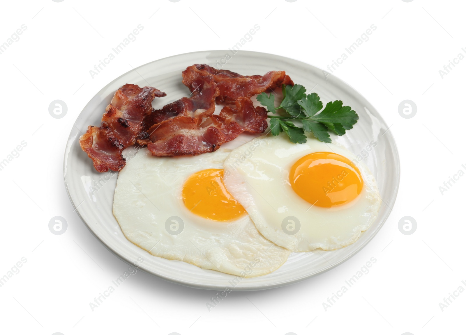 Photo of Delicious breakfast with sunny side up eggs isolated on white