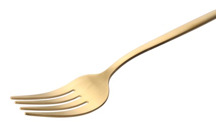 Photo of One shiny golden fork isolated on white, closeup