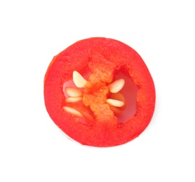 Photo of Slice of ripe chili pepper on white background, top view