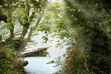 Beautiful view on river and green trees in park