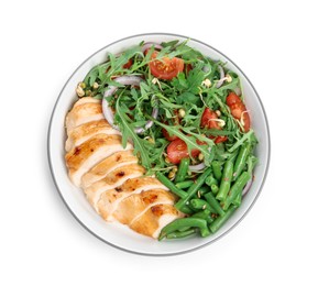 Photo of Healthy meal. Tasty vegetables and chicken breast in bowl isolated on white, top view